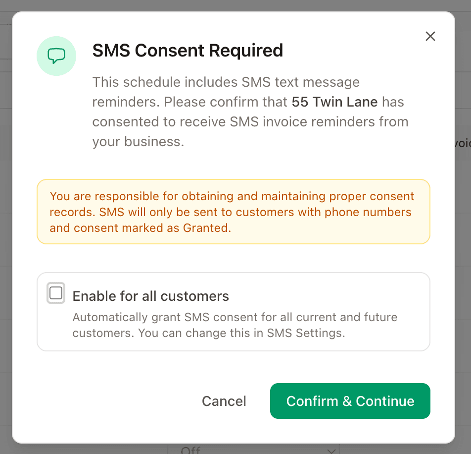 SMS Consent Required dialog - businesses must confirm customer consent before SMS reminders are enabled
