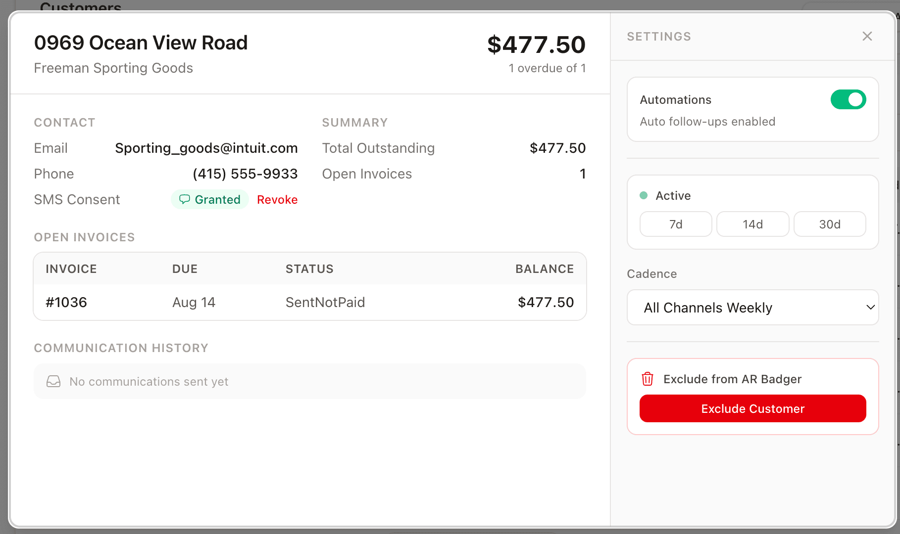 Customer detail view showing SMS consent status as Granted with option to Revoke