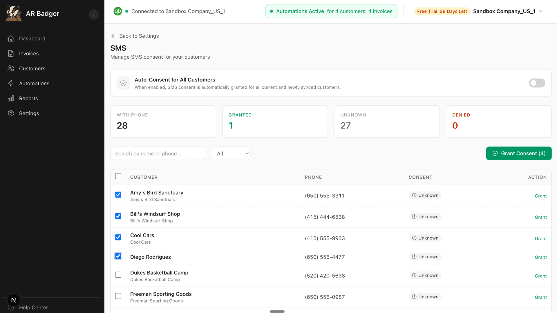 SMS consent management dashboard showing customer list with consent status, bulk grant option, and consent statistics